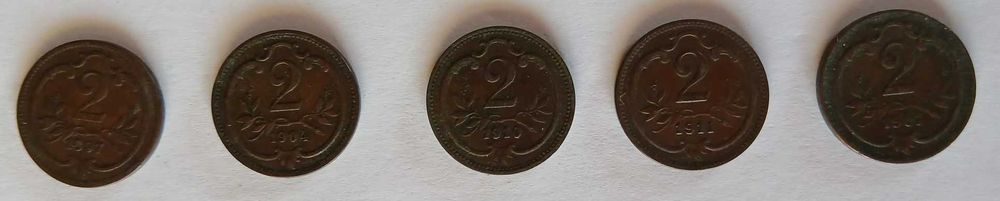 2 halerze  Austria 5 szt. 1904,1907,1910,1911,1897