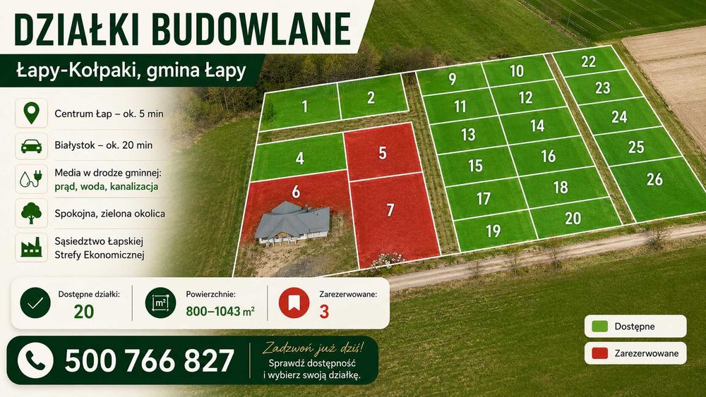 Sprzedam działki budowlane, Łapy-Kołpaki, gmina Łapy. 1000m2
