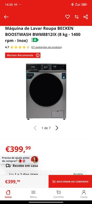 Máquina de Lavar Roupa BECKEN BOOSTWASH BWM8812IX (8 kg - 1400 rpm - I