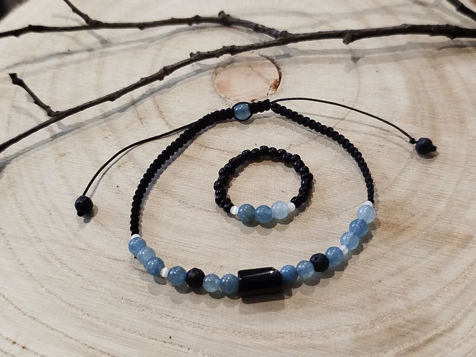 Bransoletka i pierścionek, kamienie naturalne Turmalin Akwamaryn