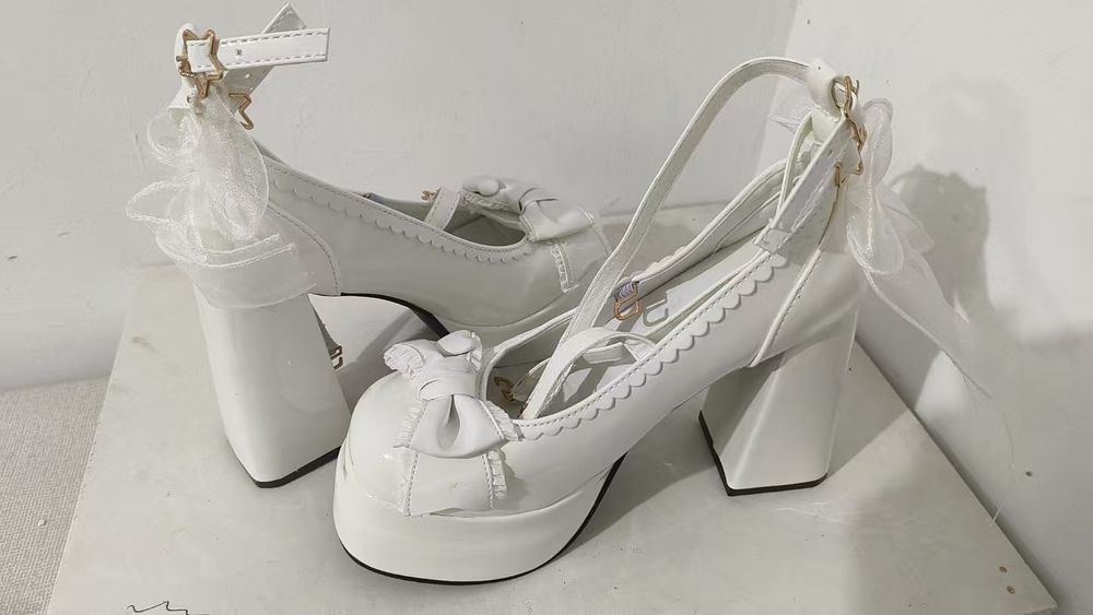 Białe Buty na Obcasie Mary Jane – Platforma, Kokardki, Styl Lolita / G
