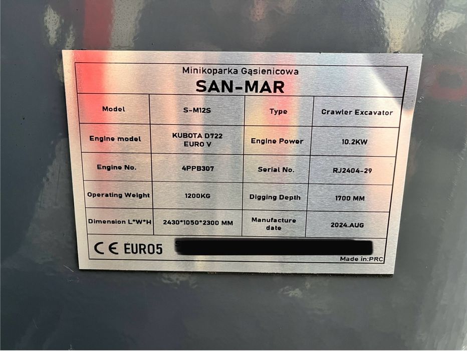 Minikoparka SANMAR S-M12S kubota,zwolnice,skretne ramie,kabina