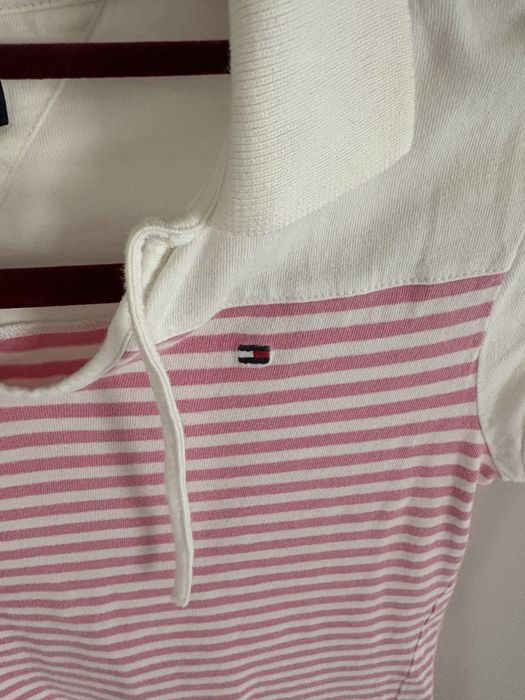 Bluzka polo długa Tommy hilfiger M w paski różowo biała