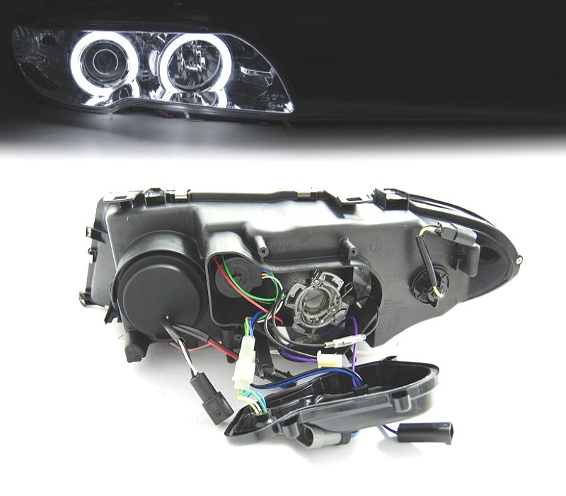 FARÓIS BMW E46 COUPE 03-06 XENON OLHOS DE ANJO CCFL FUNDO CROMADO