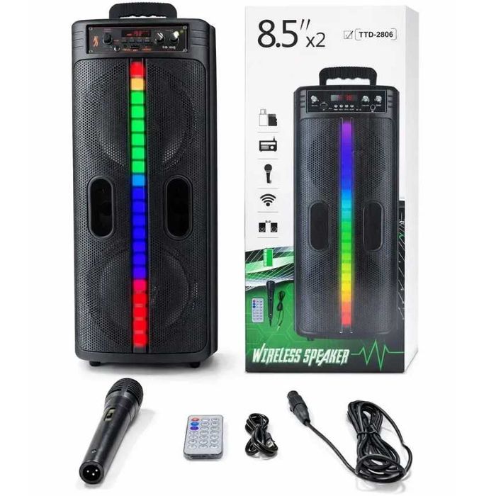 Мощная блютуз колонка с микрофоном TTD-2806 караоке RGB подсветка 20Вт