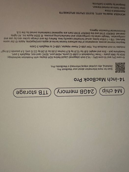 NOWY Apple Macbook Pro 14.2 MCX14ZE/A M4 24GB 1TB Srebrny