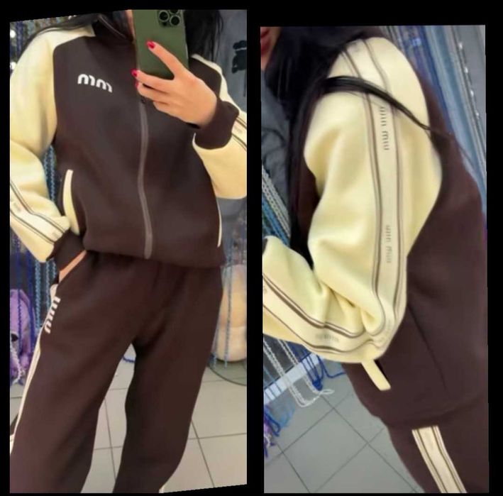 Жіночій костюм на флісі з лампасами miu miu колір шоколад спортивний