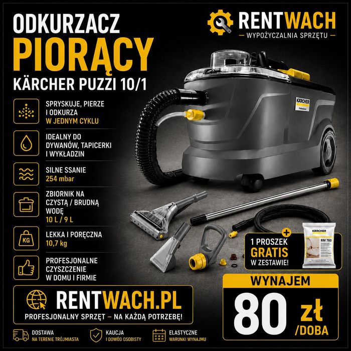 Wynajem odkurzacza piorącego Karcher Puzzi 10/1 – idealny do prania dywanów, wykładzin, tapicerki oraz wnętrz samochodów