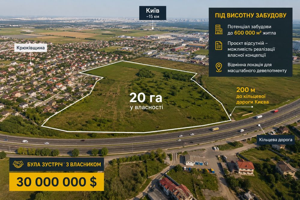 Продаж земельної ділянки 20 га під житлову забудову | Крюківщина | 200 м до Києва