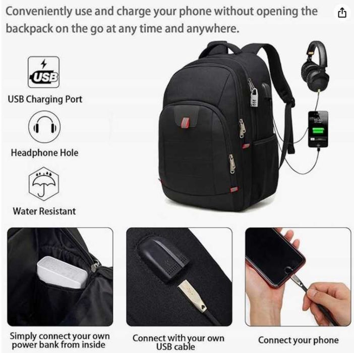 Plecak wodoodporny z portem USB laptop 17,3