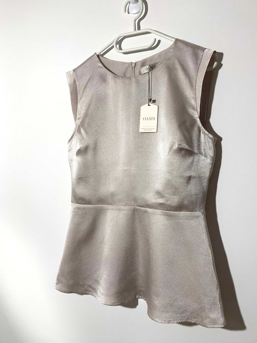 NOWA srebrna bluzka baskinka Oasis M S elegancka do biura basic beż