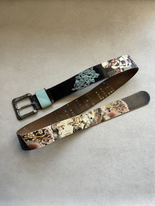 Кожаный ремень Ed Hardy мужской с заклепками в стиле Y2K (оригинал)