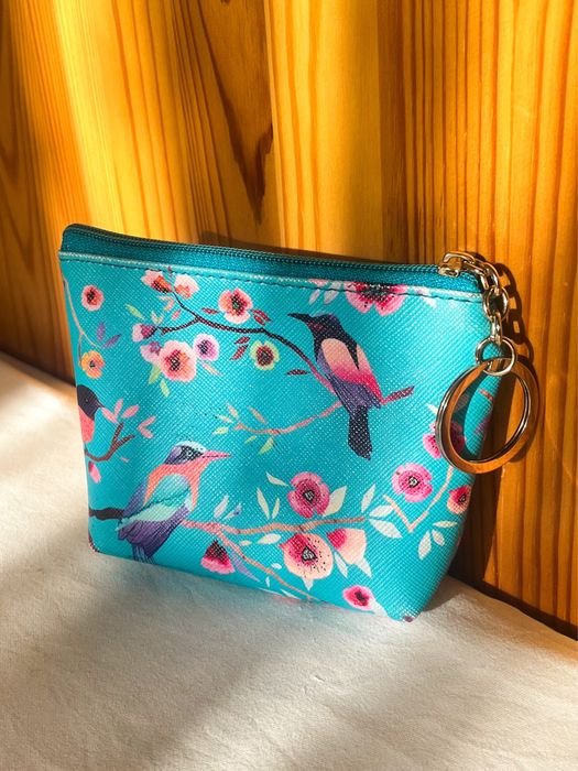 mini kosmetyczka portfel kanarki, ptaszki, kwiaty turkusowa niebieska
