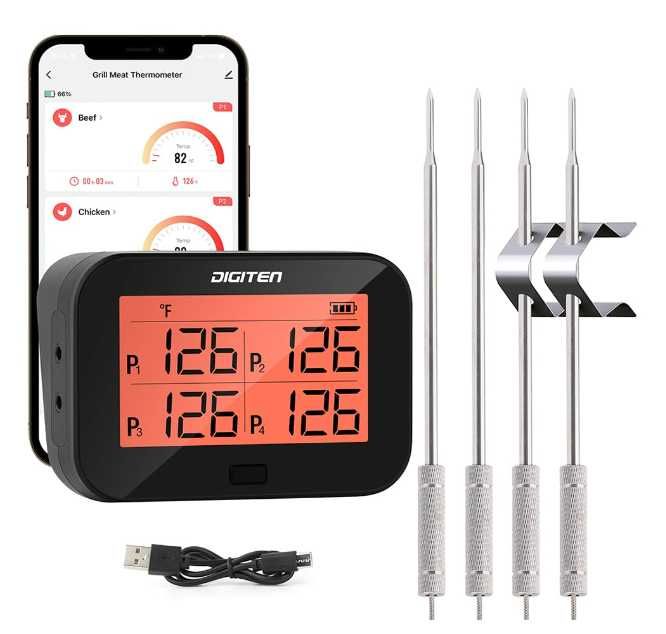 Cyfrowy termometr Bluetooth do grilla, do mięsa, z 4 sondami - Nowy