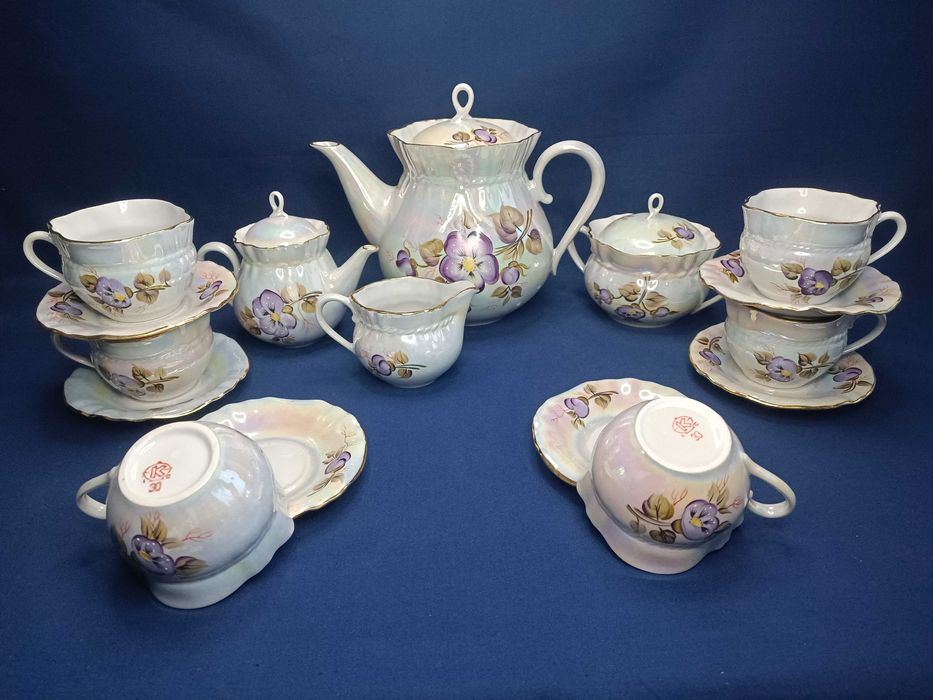 Чайний сервіз перламутровий з фіалками Коростень 1 сорт