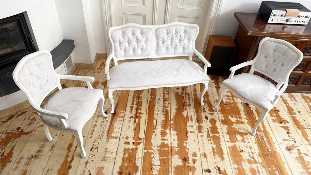 lekkie białe meble Ludwik - sofa + 2 fotele