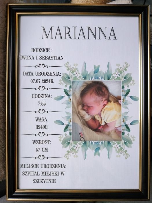 Metryka urodzenia w ramce prezent na Chrzest