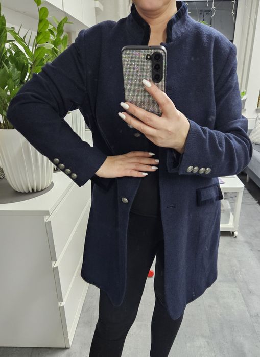 Granatowy wełniany płaszcz Coat L wełna