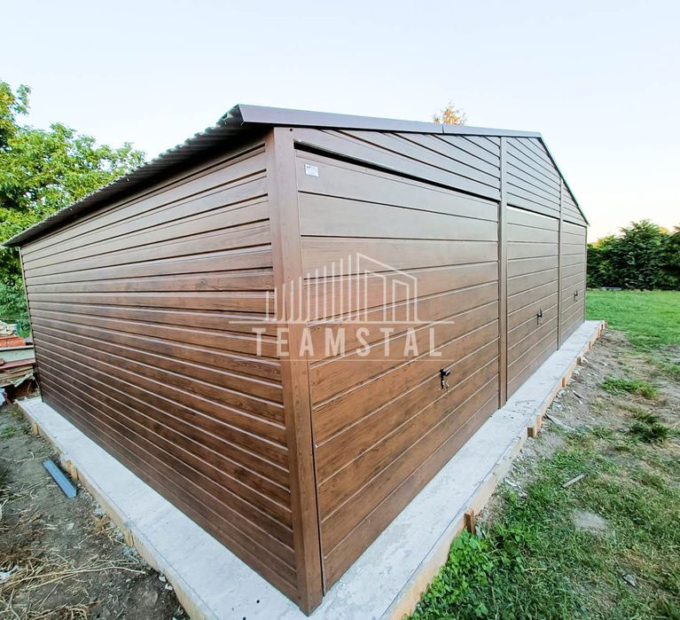 GARAŻ BLASZANY 9m x 6m - dwuspad 3x Brama ciemny orzech TS258  9x6