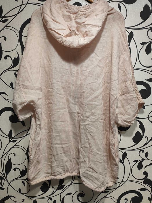 Жіноча туніка-кофта оверсайз 3xl–5xl — льон, капюшон, блискітки