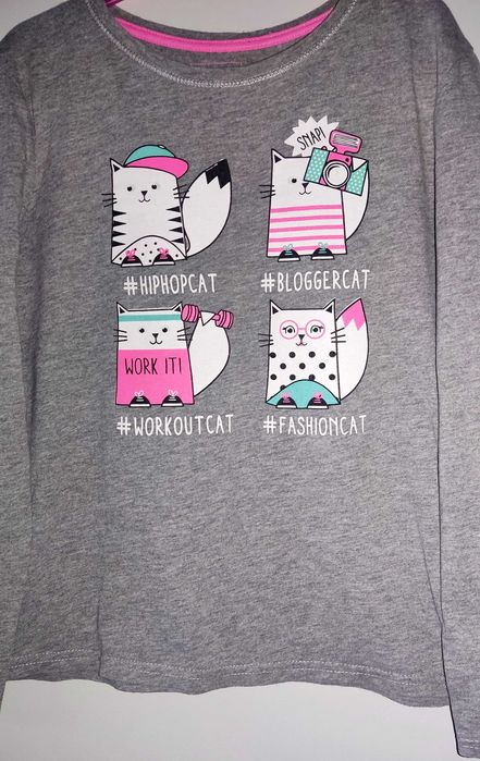 szara bluzka koszulka z dł. rękawem koty bawełna r. 152