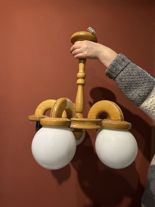 Lampa drewniana sufitowa ciężka solidna prl vintage piec kloszy
