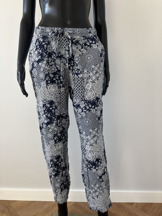 wzorzyste spodnie boho granatowe białe lekkie Janina 40 L wiskoza