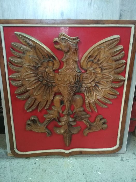 Godło polski PRL bardzo duże drewniane płaskorzeźba