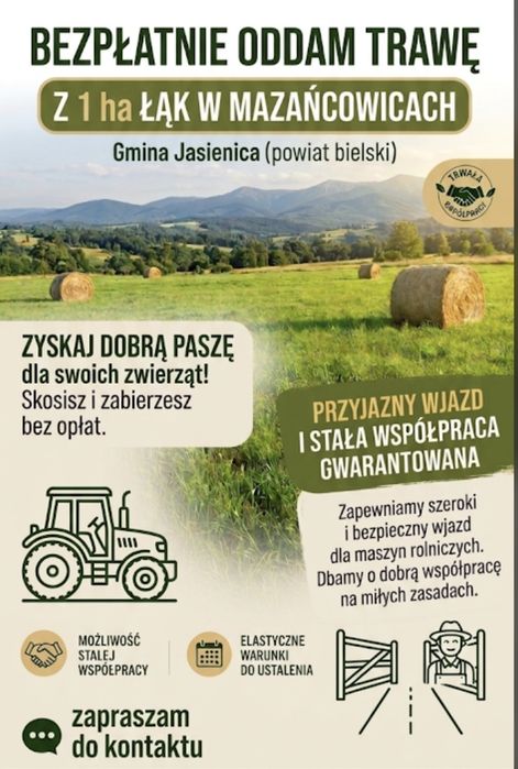 [rezerwacja] BEZPŁATNIE oddam trawę z 1 ha łąki – Mazańcowice (gm. Jasienica) | Stała współpraca