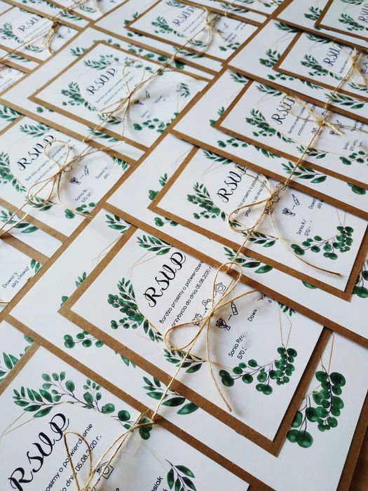 Zaproszenia ślubne dwie karty rustykalne A5 + A6 eko eukaliptus liście