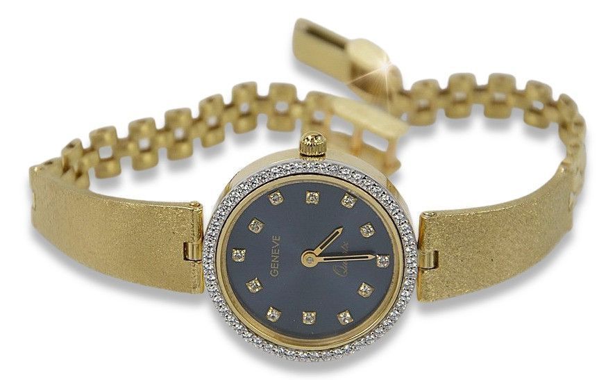 Prześliczny 14k złoty damski zegarek Geneve lw080y Niebieski