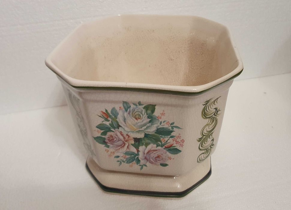 Vaso de loiça crackled de Alcobaça, pintado à mão, 25cm, Anos 90