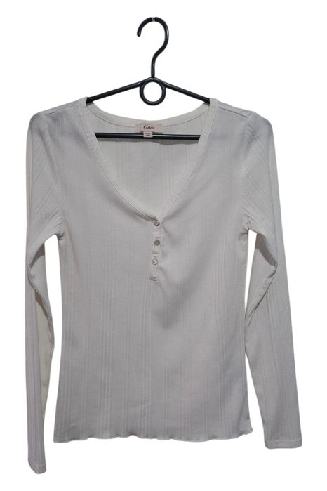 Longsleeve damski Etam, Biały, Prążkowany, Guziki, Dekolt V, Rozmiar S