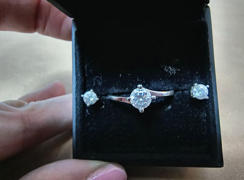 1ct! Pierścionek i kolczyki z białego złota 585. Diamenty naturalne