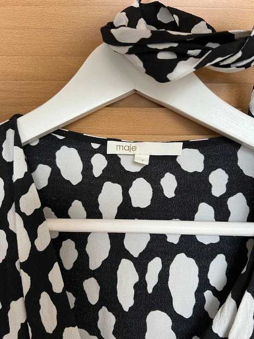 Sukienka Maje 100% wiskoza bufki elegancka XS 34 biało czarne cętki