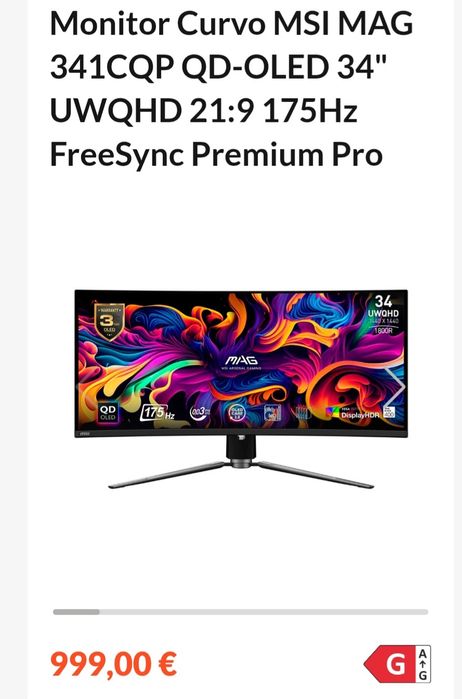 Monitor gamer gaming 34 oled curvo MSI 175hz