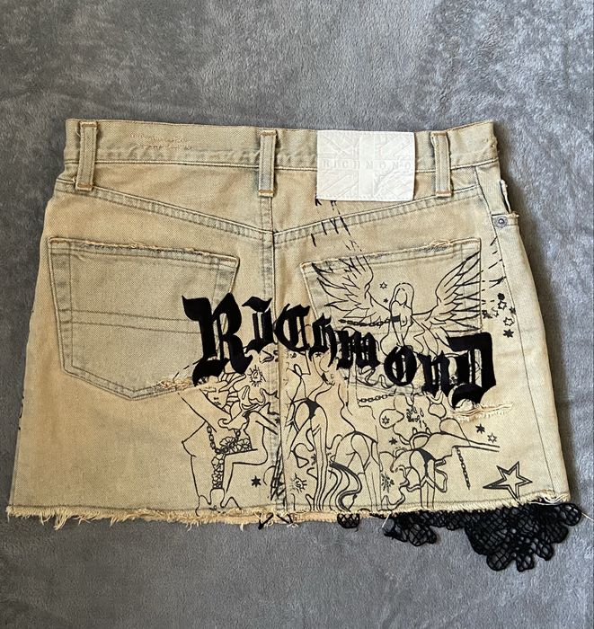 джинсова міні спідниця john richmond denim оригінал | y2k гранж вінтаж з принтом та мереживом
