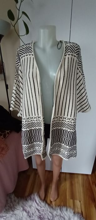 Cardigan, narzutka swetr H&M  rozmiar M/L biało czarny bawełna