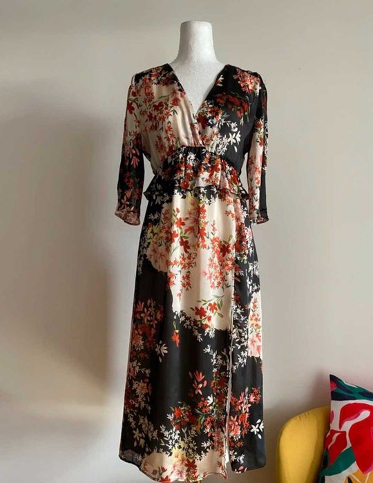 Zara kolorowa zwiewna sukienka w kwiaty L