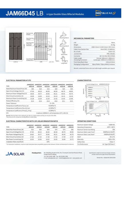 Двостороння сонячна панель 630W JA Solar JAM66D45 LB