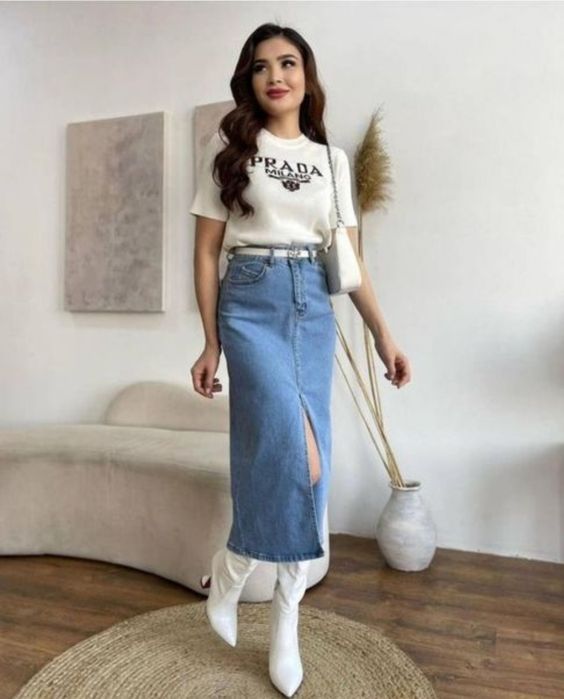 Джинсовая миди юбка