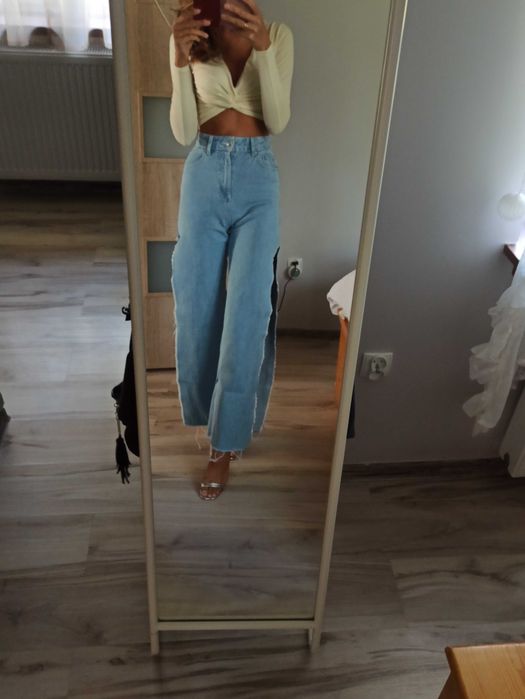 Spodnie jeansowe jeans dzwony rozcięcia wyższy stan XS surowe