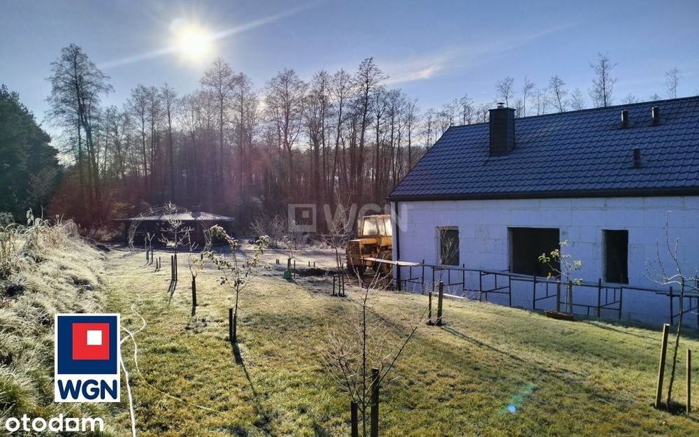 Posiadłość- dom w budowie z linią brzegową jeziora