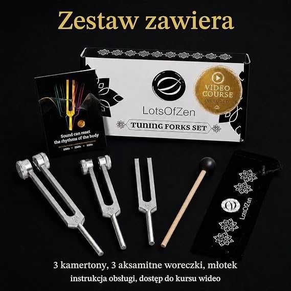 Zestaw 3 kamertonów 128 Hz, 256 Hz i 512 Hz z młotkiem.