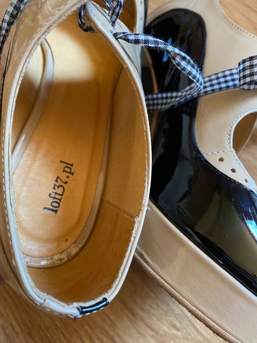 Buty na obcasie sandały Loft37 pin up beżowe czarne kokardka bez noska