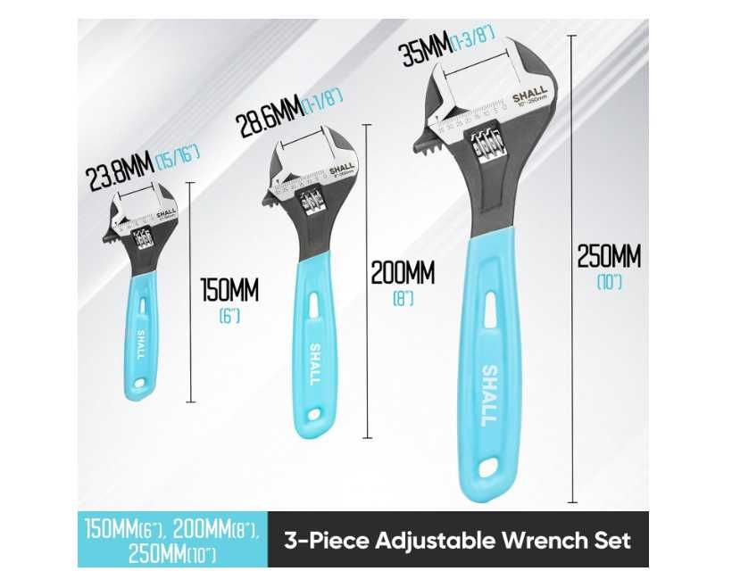 SHALL Klucz Nastawny 3sztuk CRV Stali Nierdzewnej 10/8/6cala