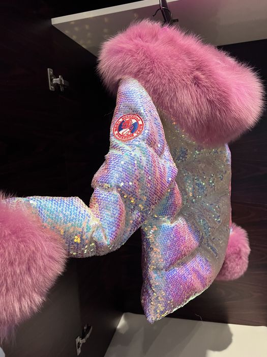 Piękna kurtka jak flo clo 100 % puch naturalny zimowa cekiny lis