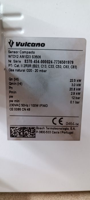 Esquentador Vulcano Sensor Compacto - Ventilado / Estanque - Gás natur