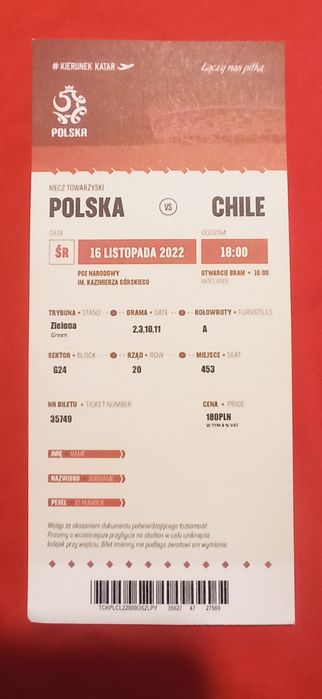 Bilet Polska - Chile 2022 odwołany mecz