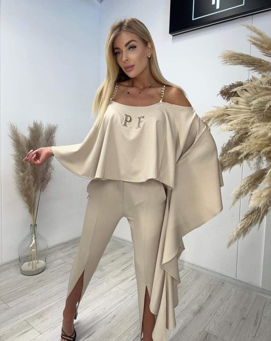 Elegancki komplet bluzka spodnie złote dodatki logo kolory paparazzi